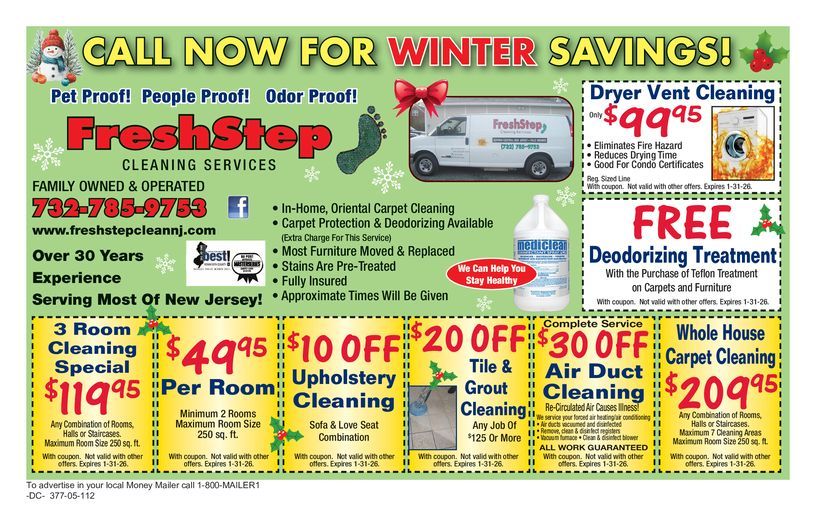 Ad for FreshStep Cleaning Services: Spring savings on carpet, duct, and upholstery cleaning in New Jersey.