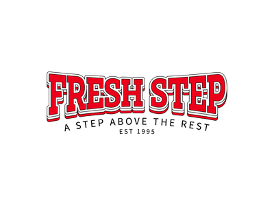 Logo of the brand FreshStep in red text, with a green footprint icon.