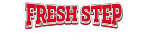Logo of the brand FreshStep in red text, with a green footprint icon.