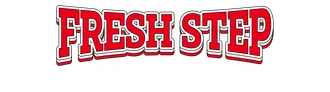 Logo of the brand FreshStep in red text, with a green footprint icon.