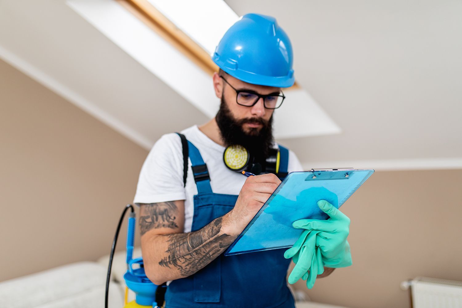 Worker in safety gear writing on a clipboard indoors.