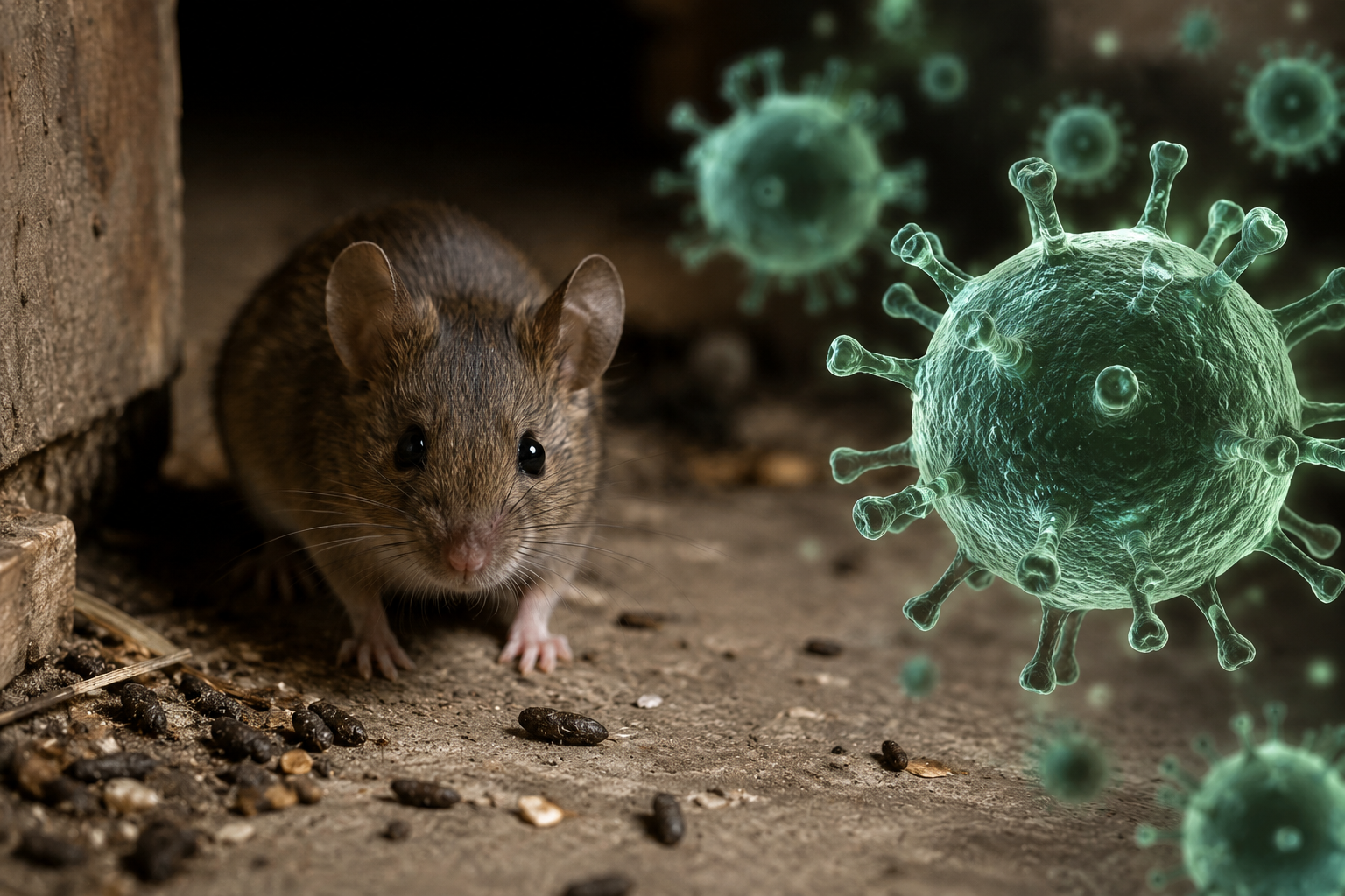 Close-up of a house mouse on a dusty floor with scattered droppings, with stylized floating virus pa