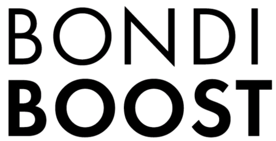 A black and white logo for bondi boost on a white background.