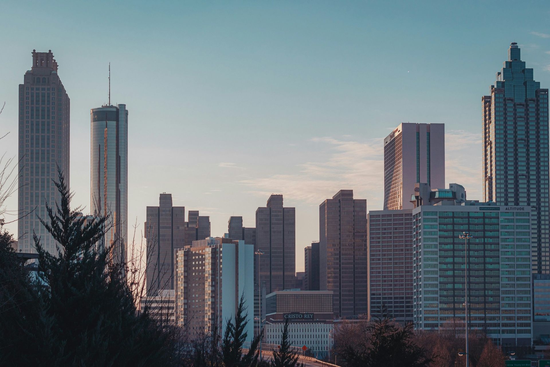 A city skyline with a lot of tall buildings and trees in the foreground.