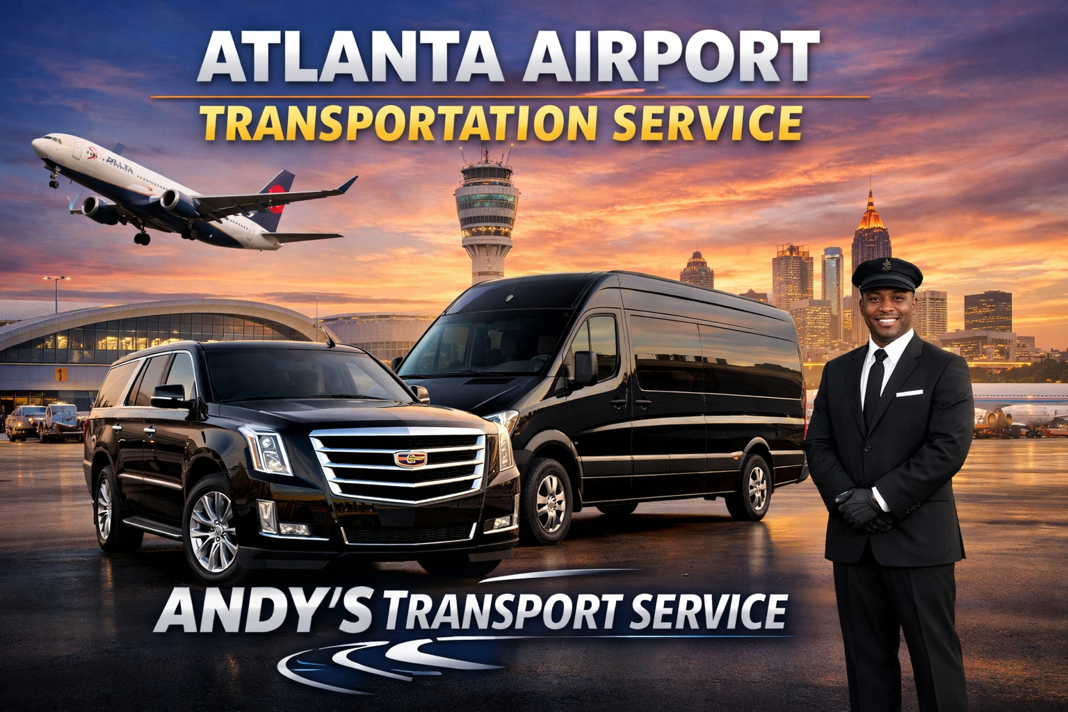 Luxury SUV and executive van with professional chauffeur promoting Atlanta Airport Transportation