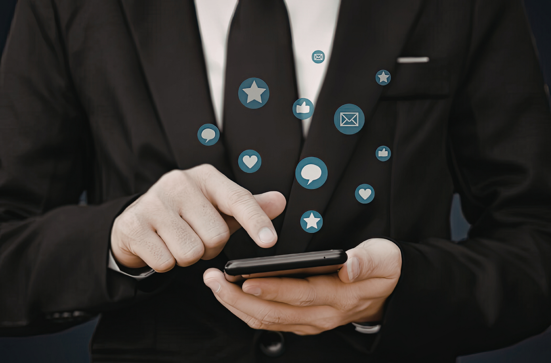 Businessman interacting with social media on smartphone