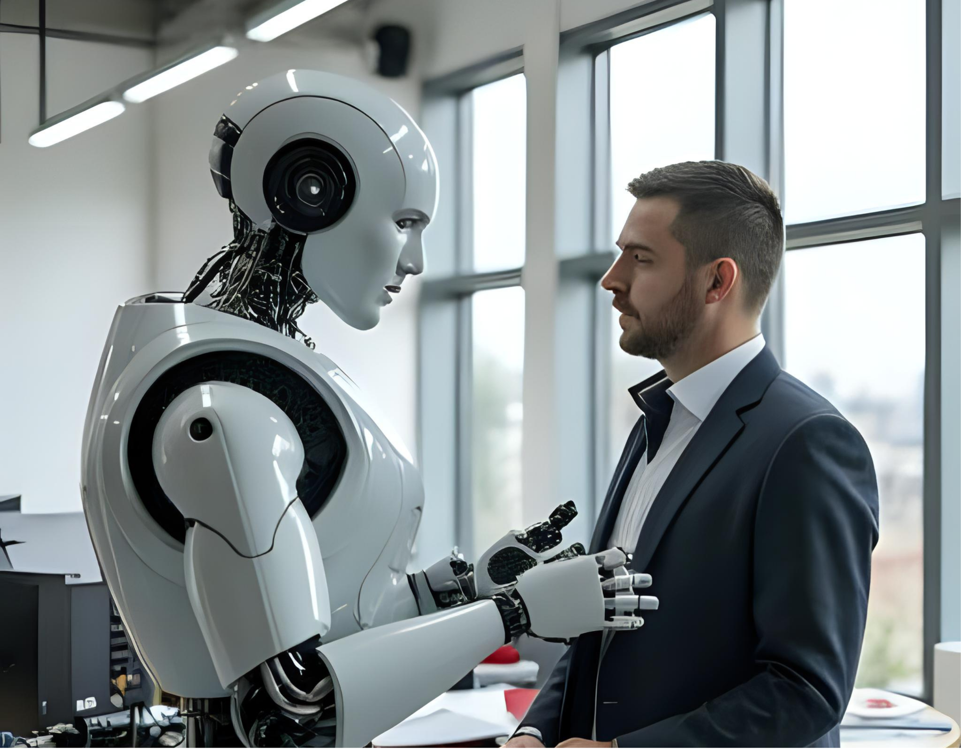 A humanoid robot and a man in a suit are standing face-to-face in an office.
