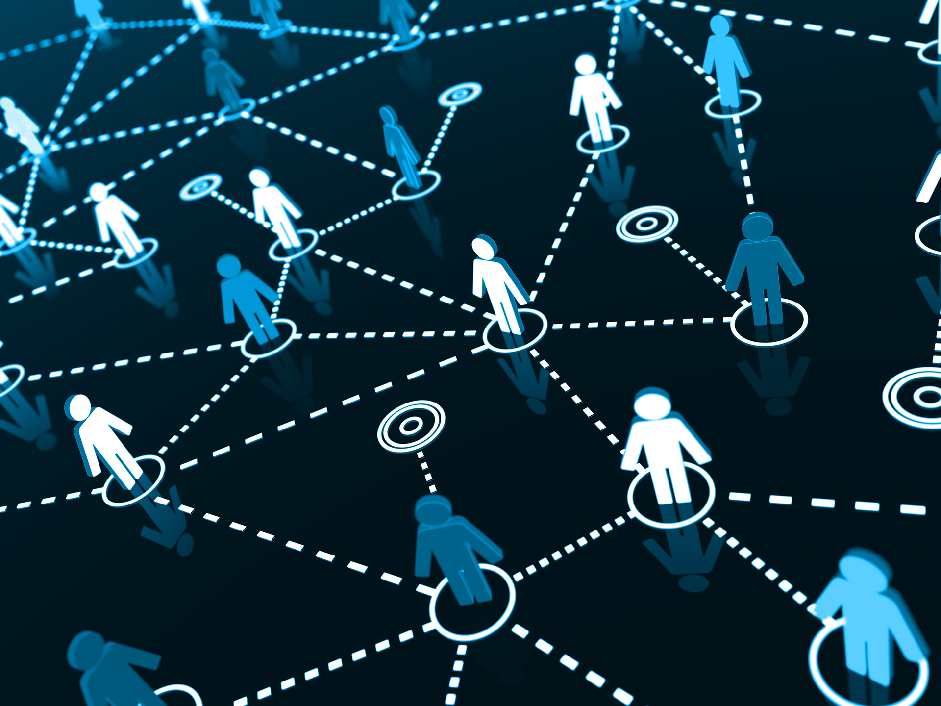 Graphic of a network of interconnected people icons on a dark background. Dashed lines link them, symbolizing connectivity.