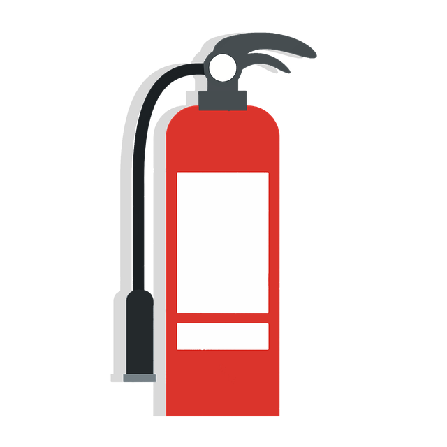 Red fire extinguisher with black hose and handle.