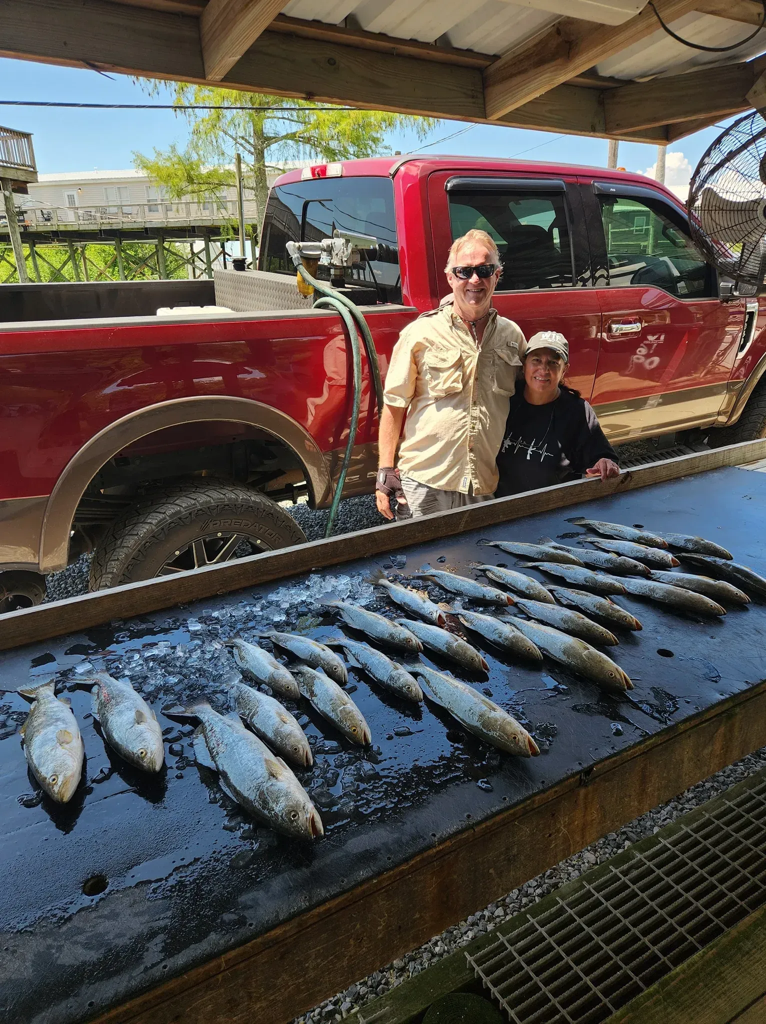 Two people stand behind a table covered with a catch of freshly caught fish, with a red pickup truck parked nearby.