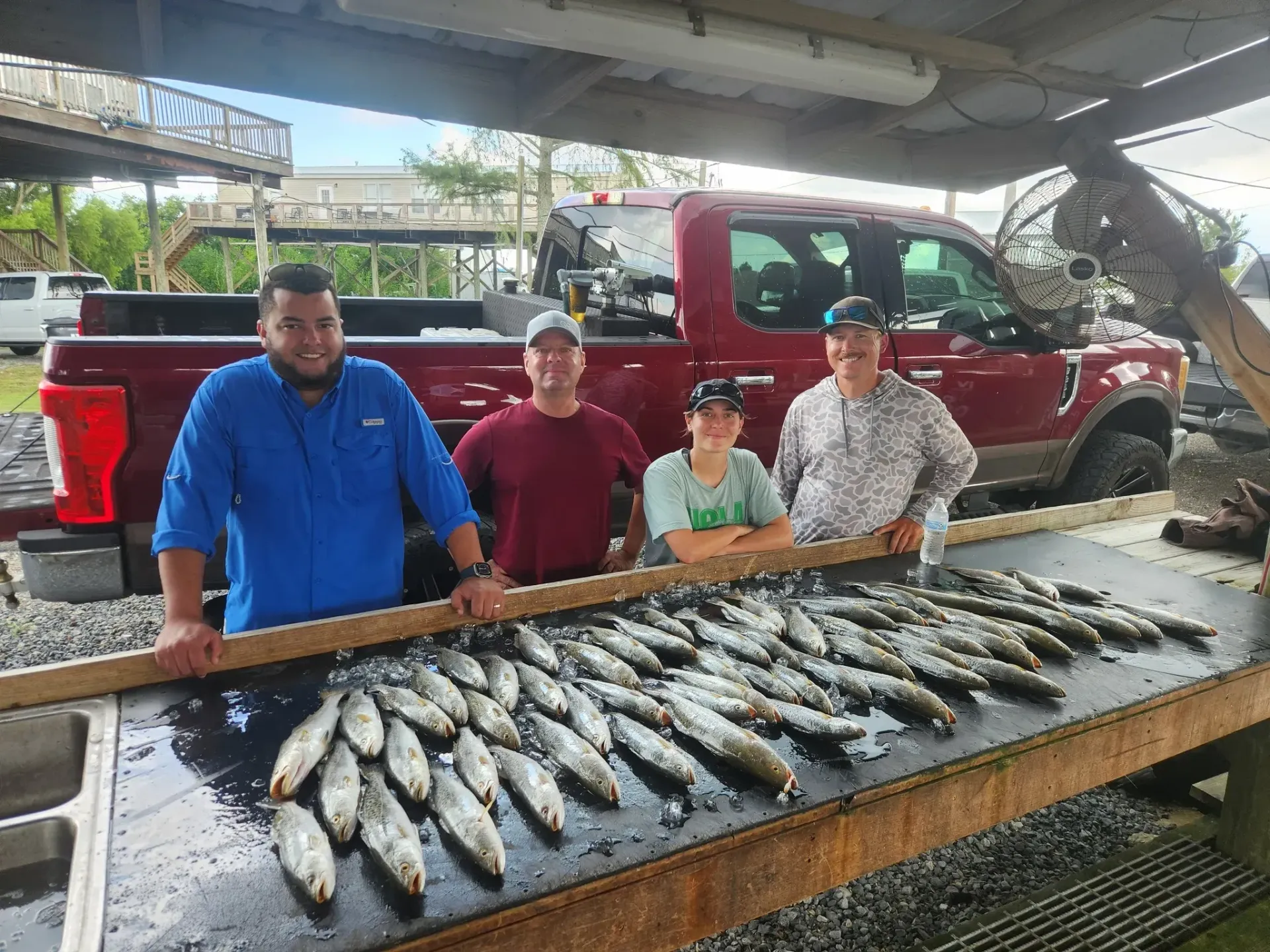 Four people stand behind a wooden cleaning table covered in freshly caught fish, with a red pickup truck in the background.