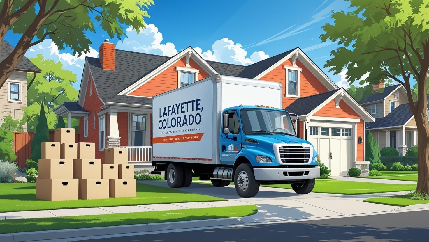 Moving truck parked outside a house in Lafayette, Colorado with stacked boxes on the lawn.
