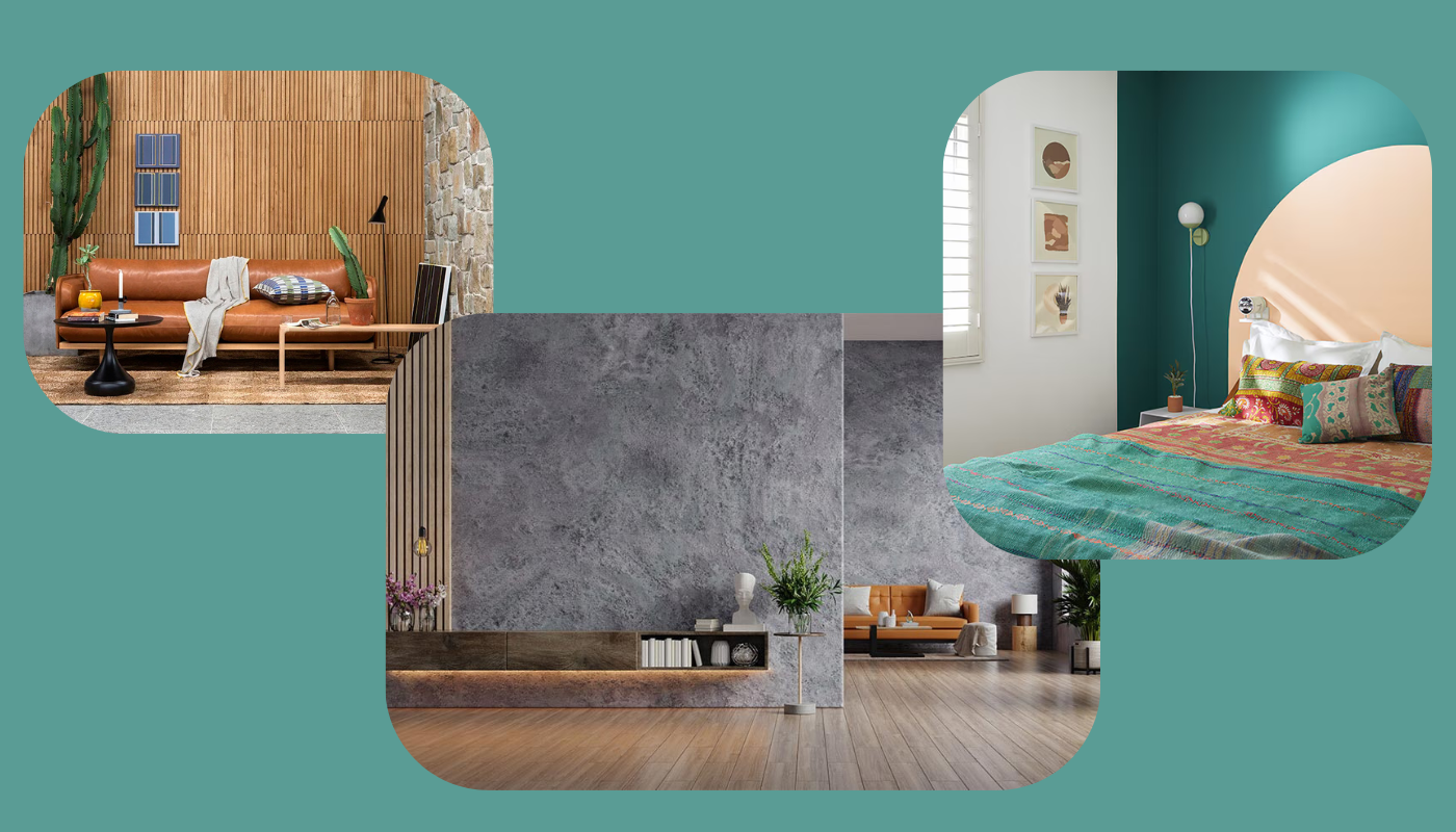 Collage of three interior design scenes: a living room with wood paneling, a neutral room with a concrete wall, and a bedroom with teal walls.