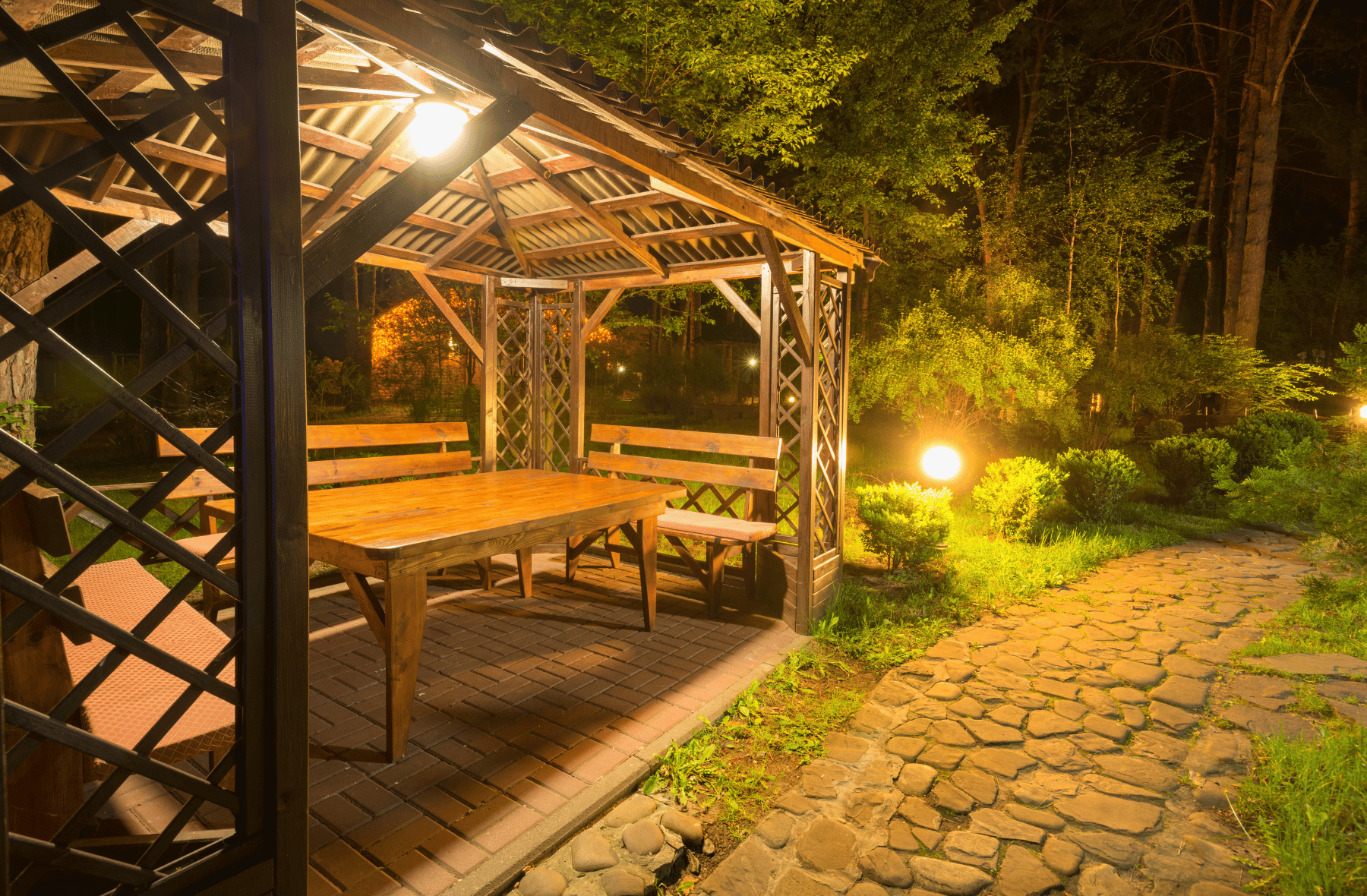 A gazebo with a table and benches is lit up at night.