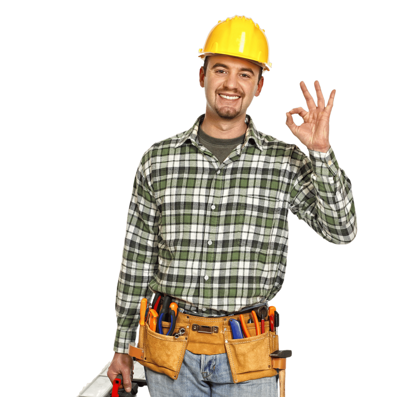 A handyman wearing a hard hat is giving an ok sign