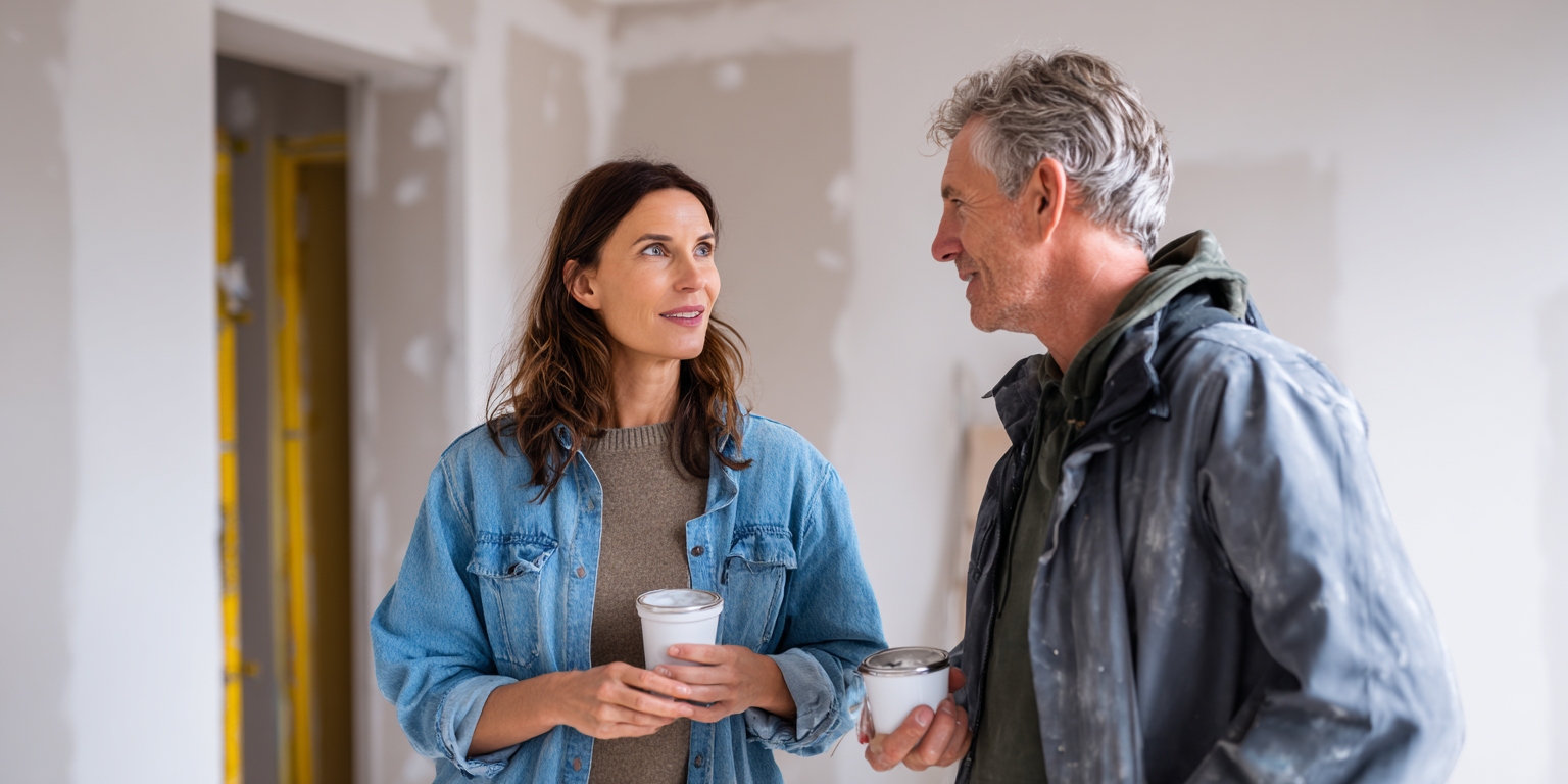 Two people in a room under construction, holding cups, conversing. Woman in denim jacket; man in gray jacket.