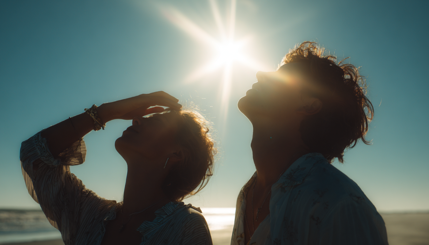 Two people looking up at the bright sun on a beach, silhouetted against a clear blue sky.