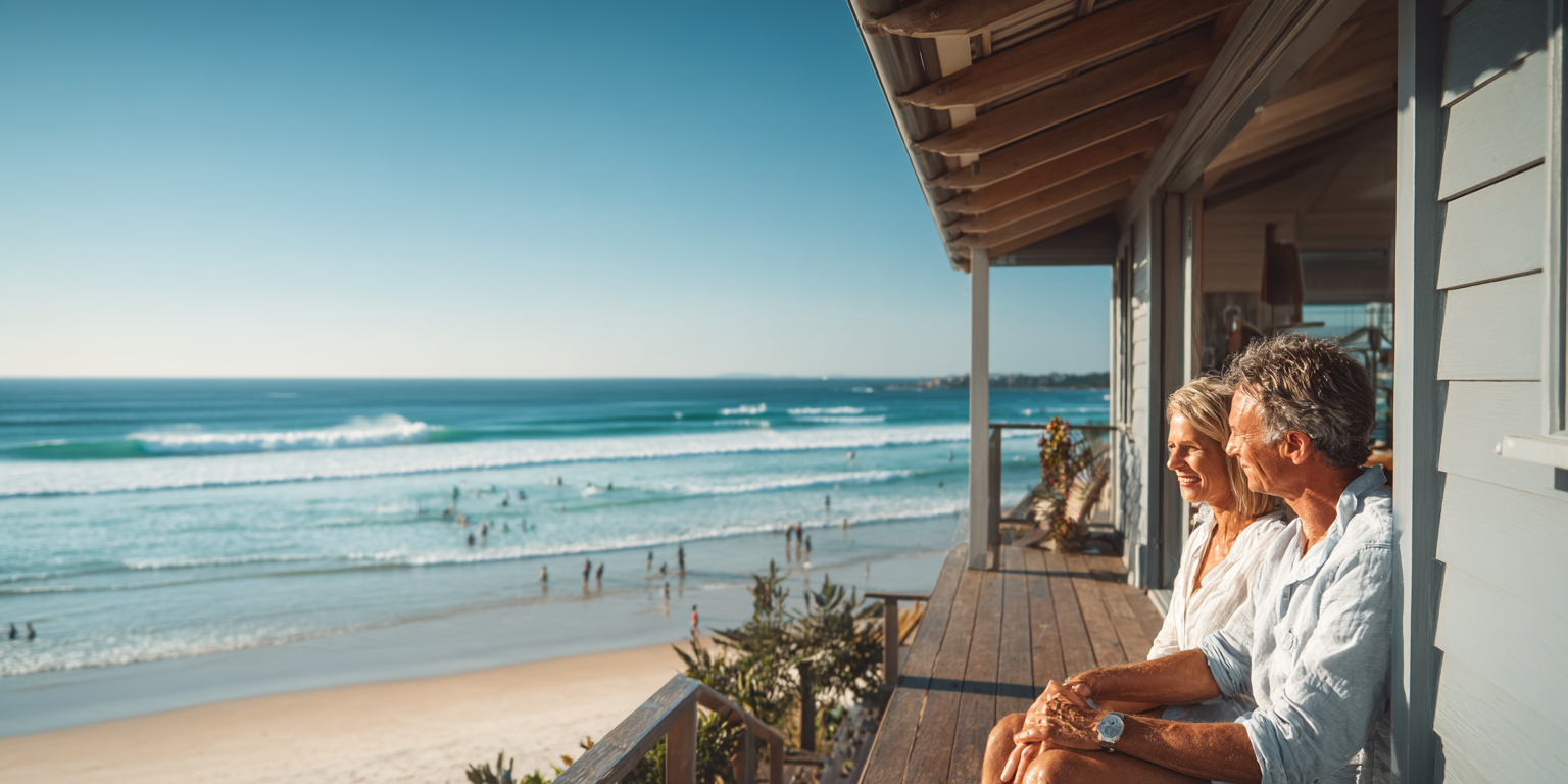 Couple on a wooden porch overlooking a beach with ocean waves under a blue sky.