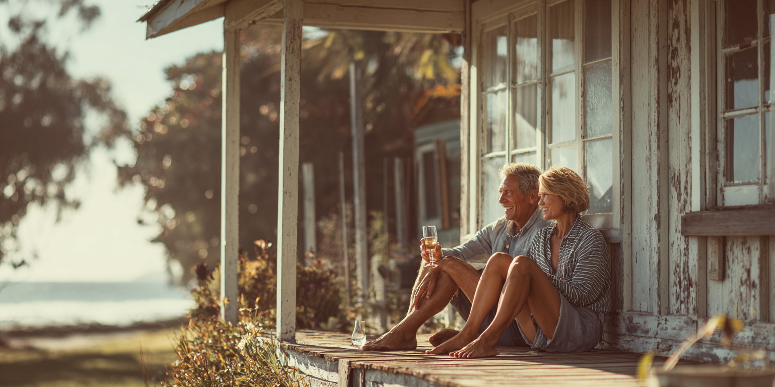 Couple sitting on porch, enjoying beverage, sunny day.