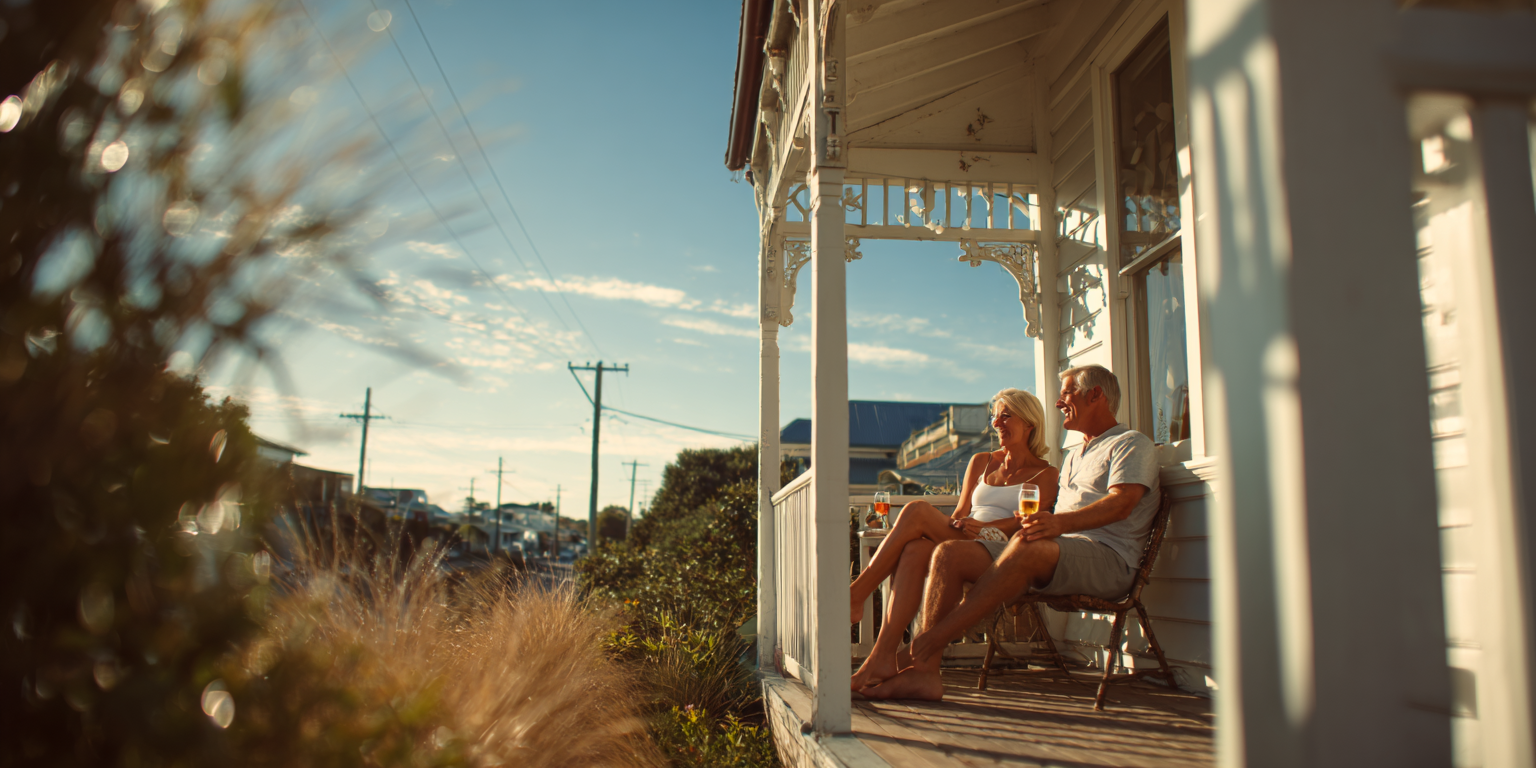 Couple sitting on a porch, looking out at a street scene. Bright sunlight, blue sky.