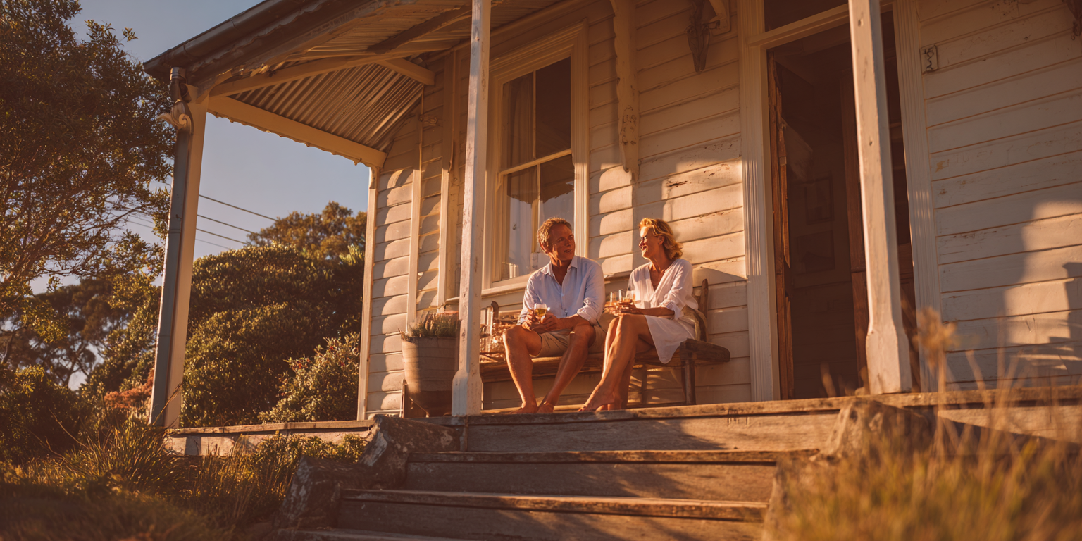 Two people sit on a porch bench, bathed in warm sunlight. Wooden house with steps.
