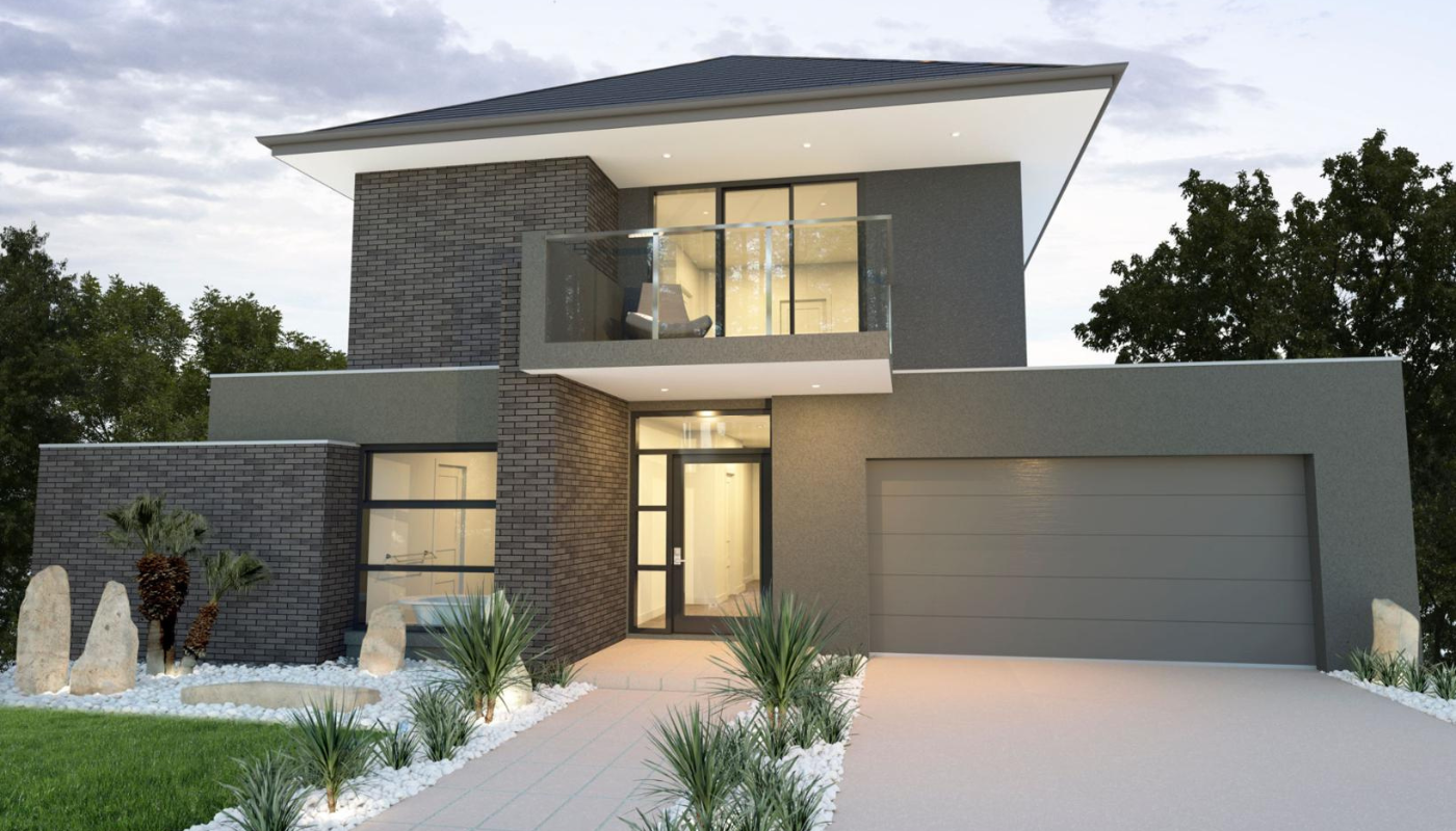 Modern two-story house with gray facade, balcony, brick accents, garage, and walkway with landscaping.