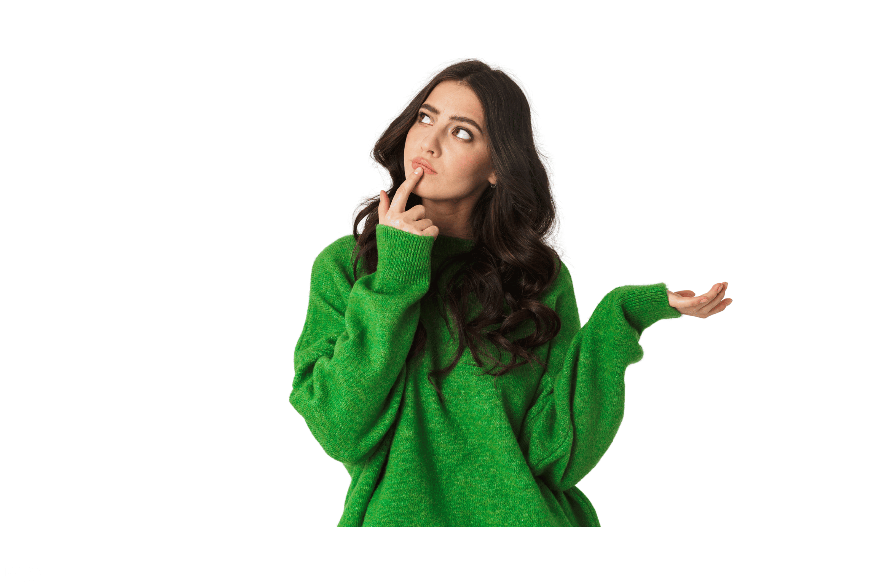 A woman in a green sweater is looking up and shrugging her shoulders.