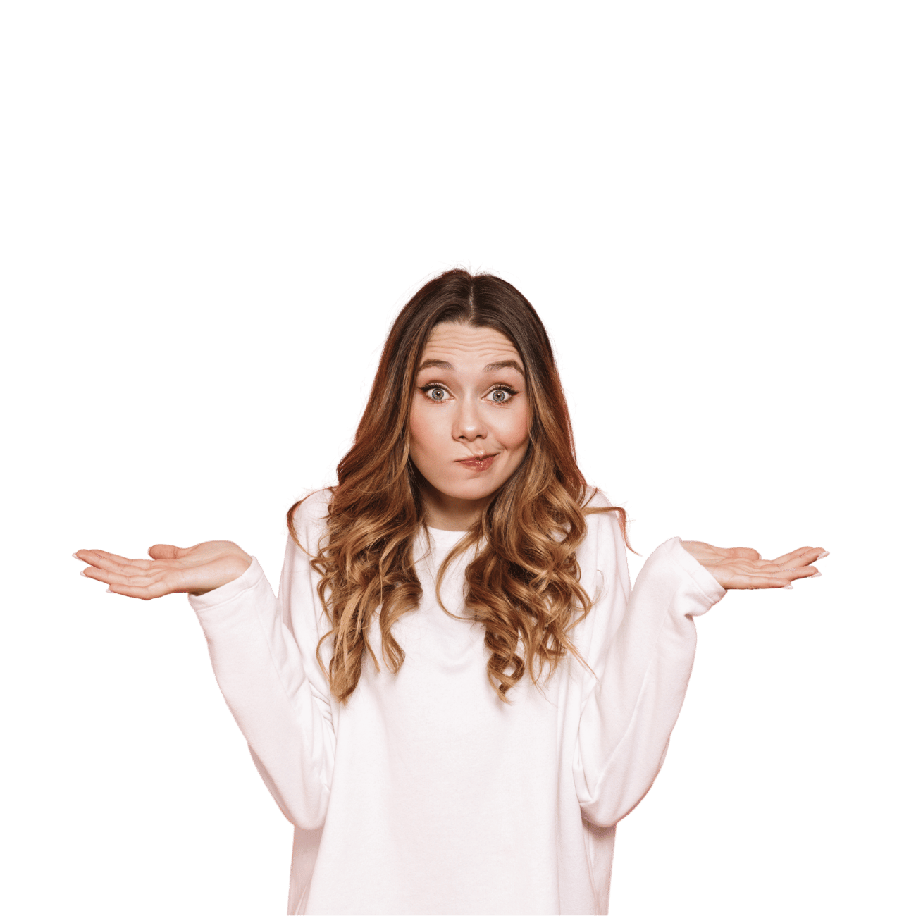 A woman in a white sweater is shrugging her shoulders.