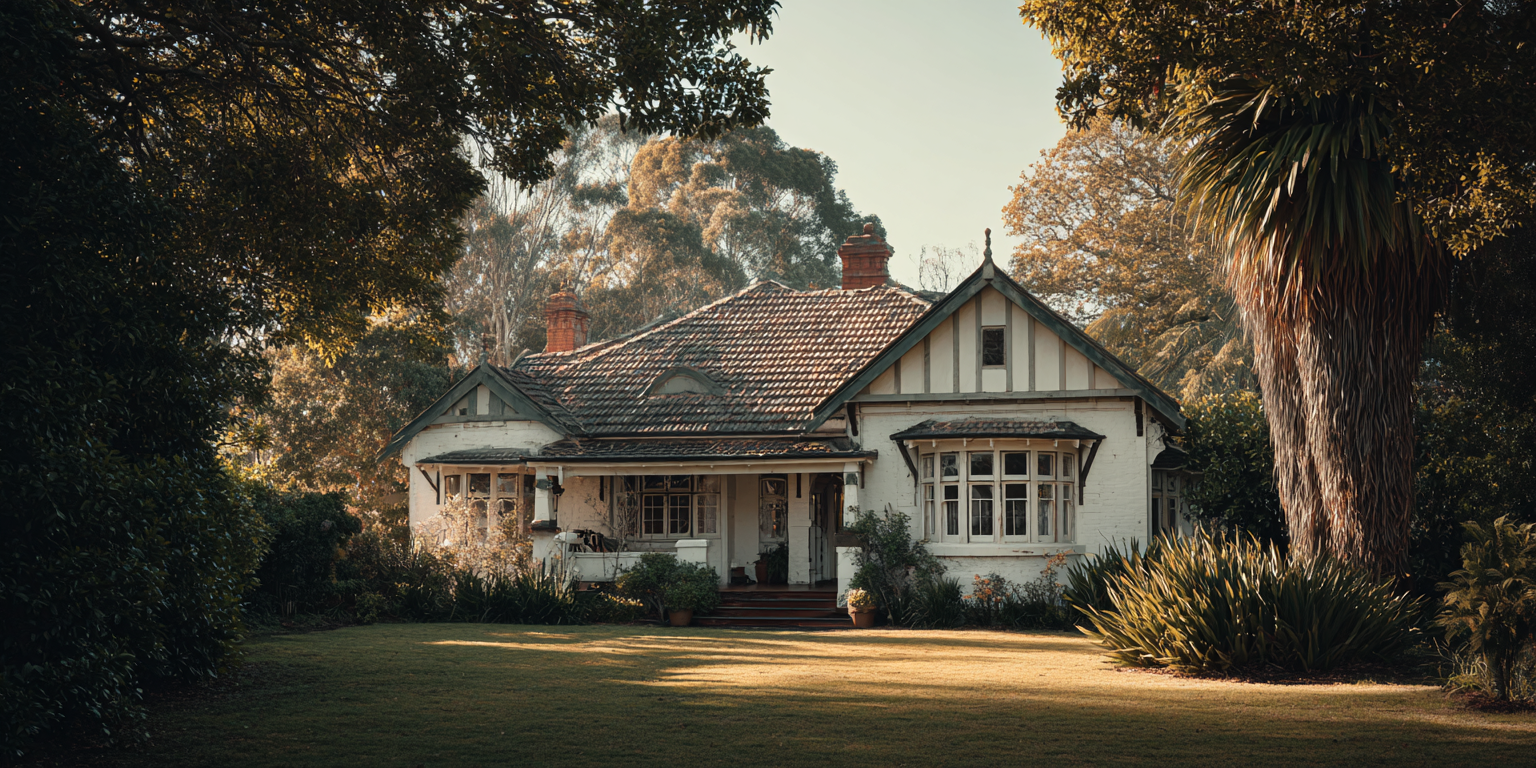 A sunlit house with a porch sits nestled amongst lush greenery.
