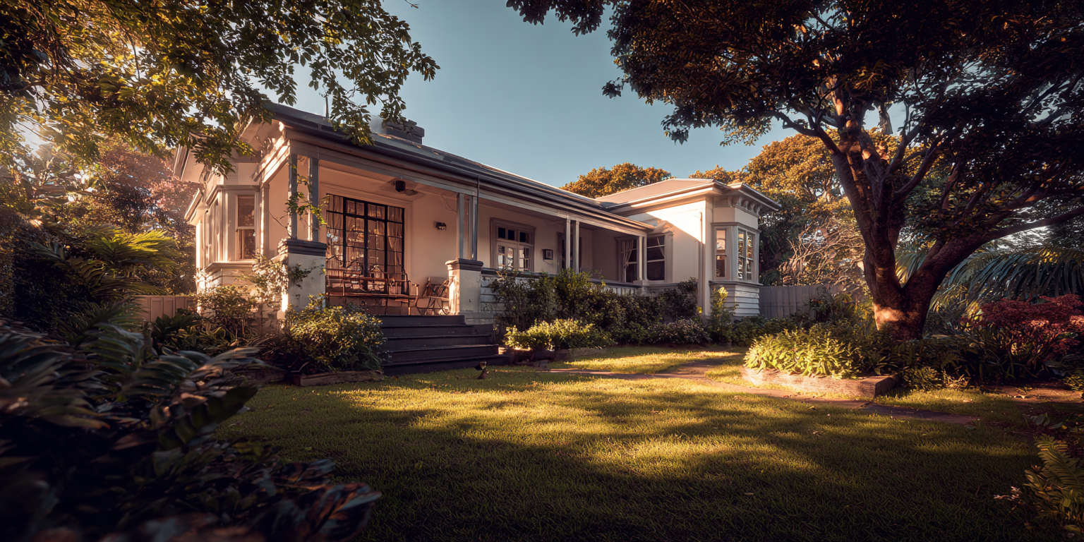 White cottage with a tiled roof surrounded by trees and a grassy lawn on a sunny day.