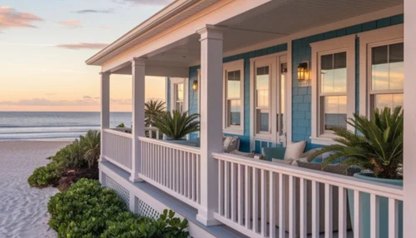 Beachside house with blue siding, white trim, and a porch, set against ocean and sunset.