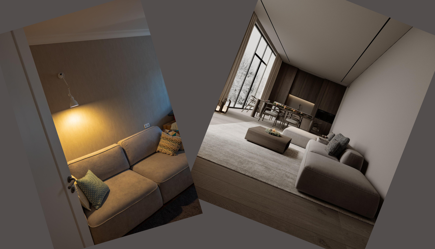 Two modern living rooms, one with a sofa and lamp, the other with large windows and furniture.