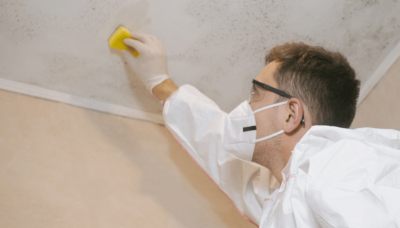 A man wearing a mask and gloves is cleaning the ceiling with a sponge.