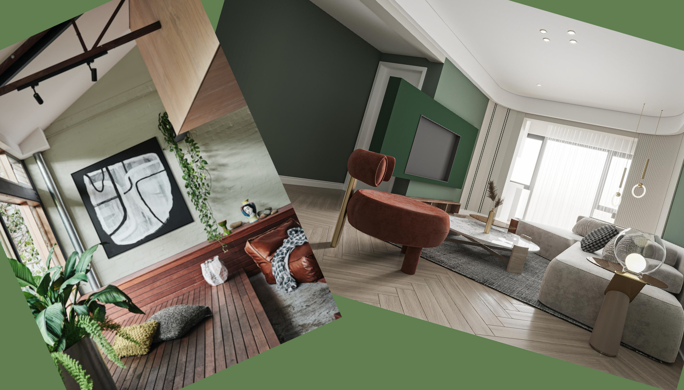 Interior design with living room and seating areas in a modern style, with plants and neutral colors.