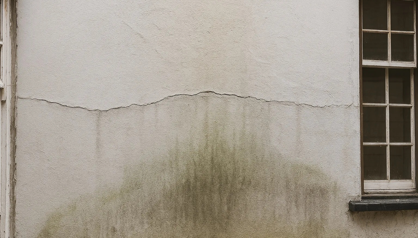 Exterior wall with horizontal crack, green discoloration, and a window.