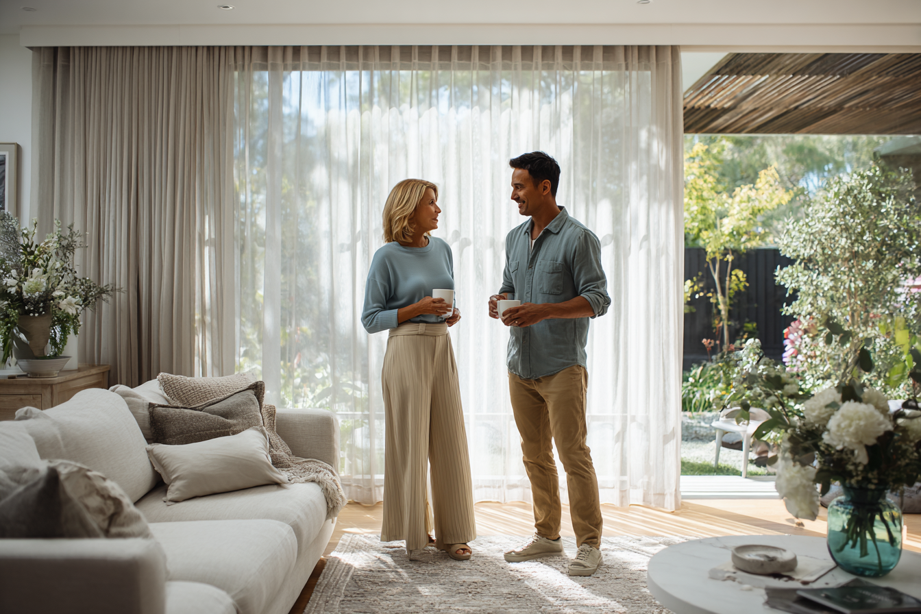 Couple in a light-filled living room holding cups, conversing in front of a window.