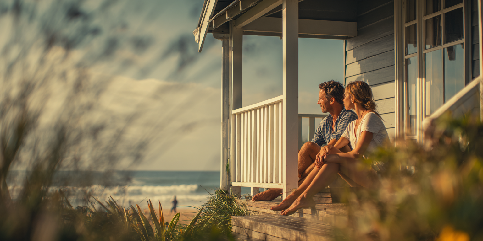 Couple sitting on porch, overlooking beach and ocean.