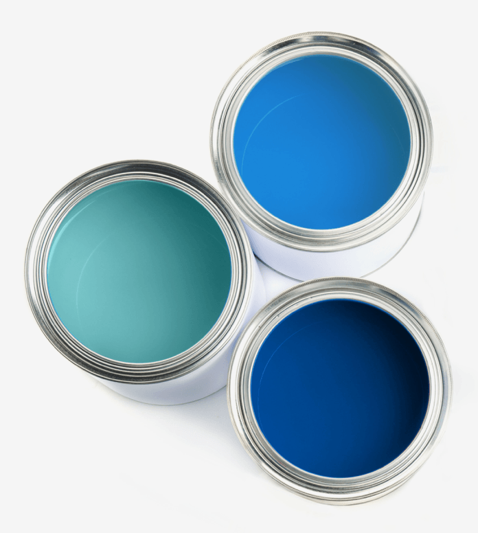 Three cans of blue paint are stacked on top of each other