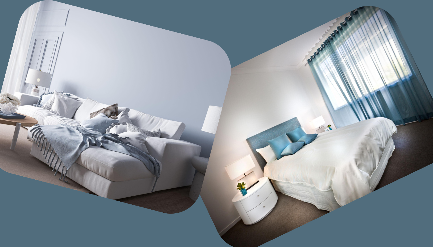 Two bedrooms with white beds, one with a sofa, the other with a window and white bedside tables.