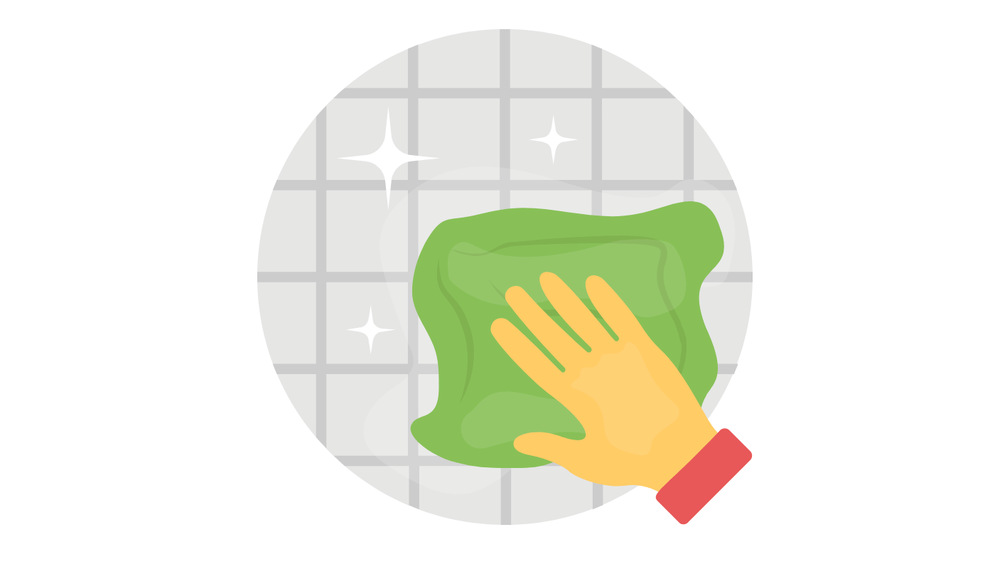 A person is cleaning a tile wall with a green cloth.