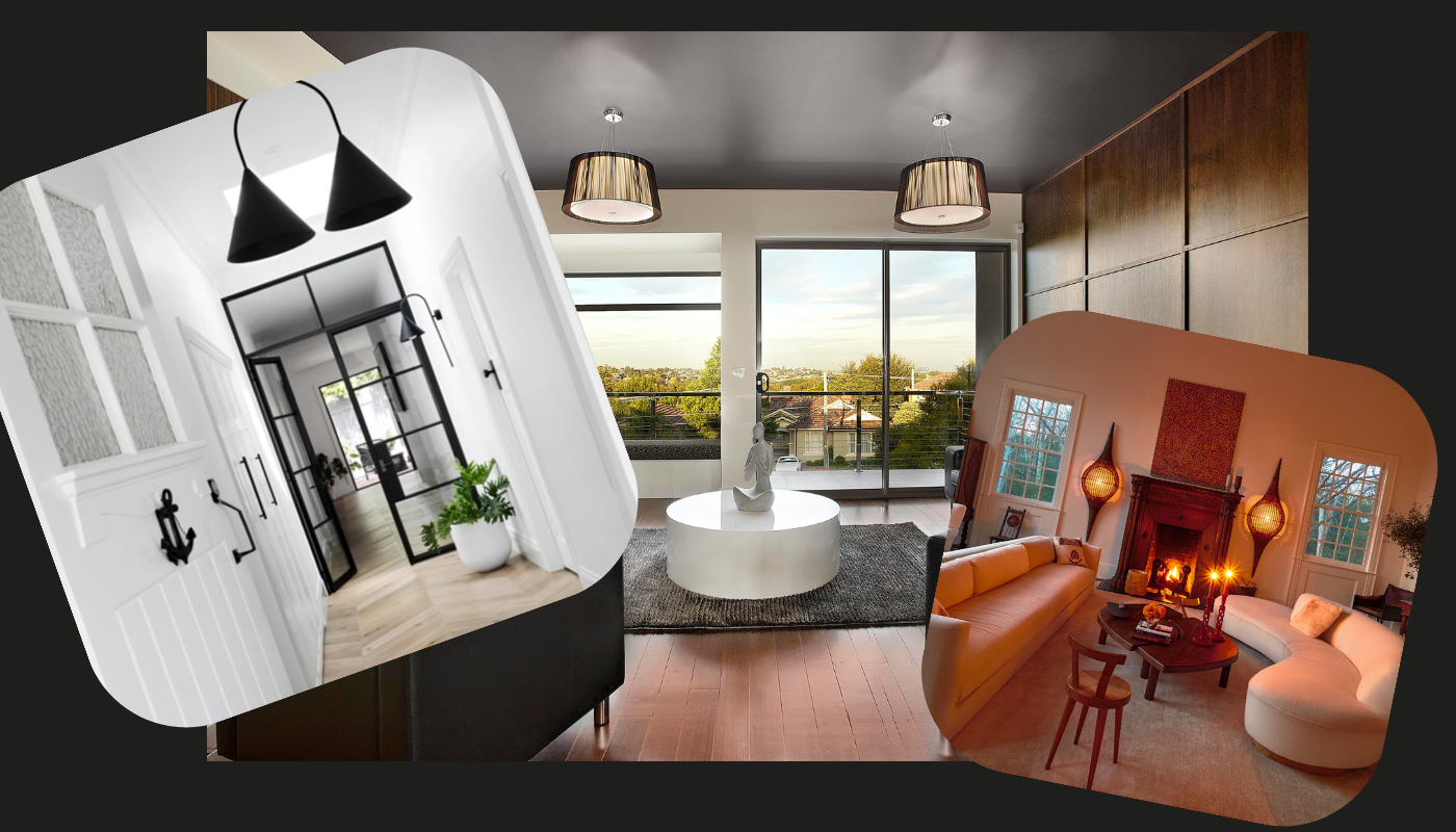 Collage of three interior design images: entryway, living room with view, and cozy sitting area.