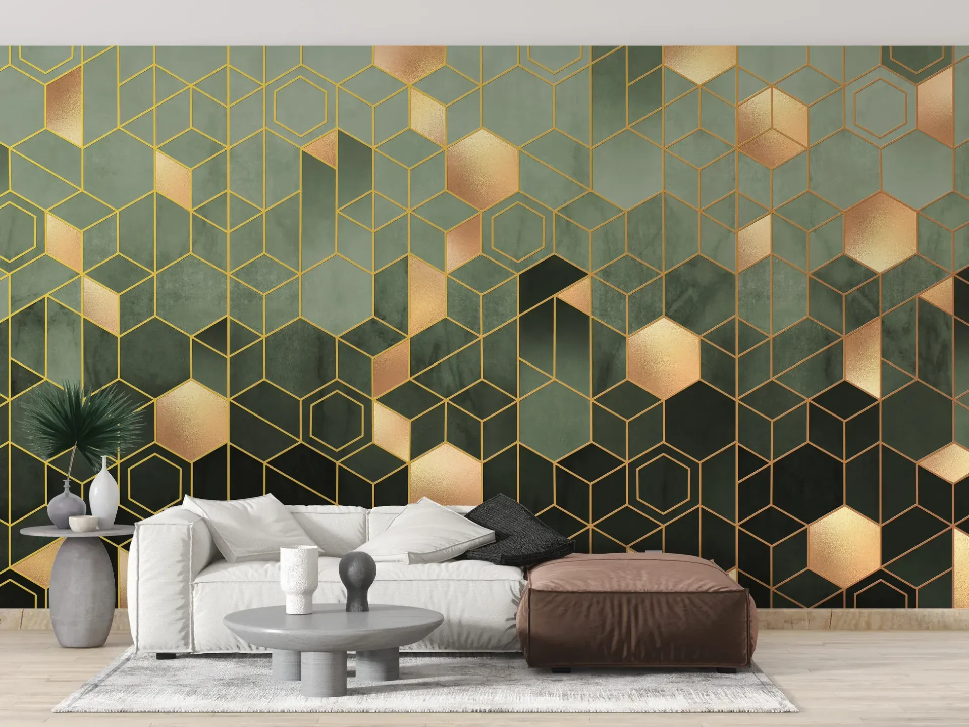 Living room with green and gold geometric wallpaper, white sofa, and gray coffee table.