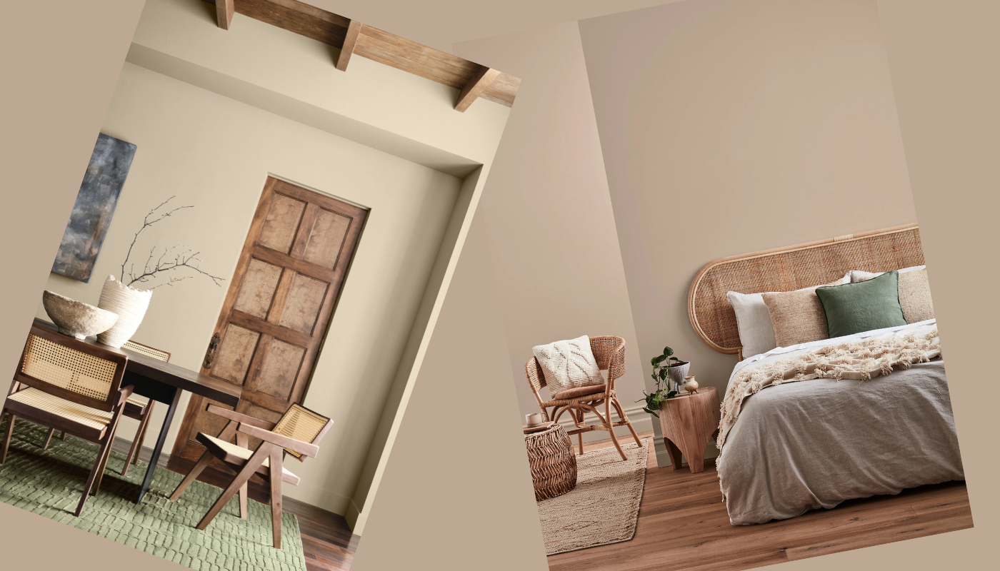 Two rooms with beige walls, one with a desk and wooden door, the other a bedroom with a bed and woven headboard.