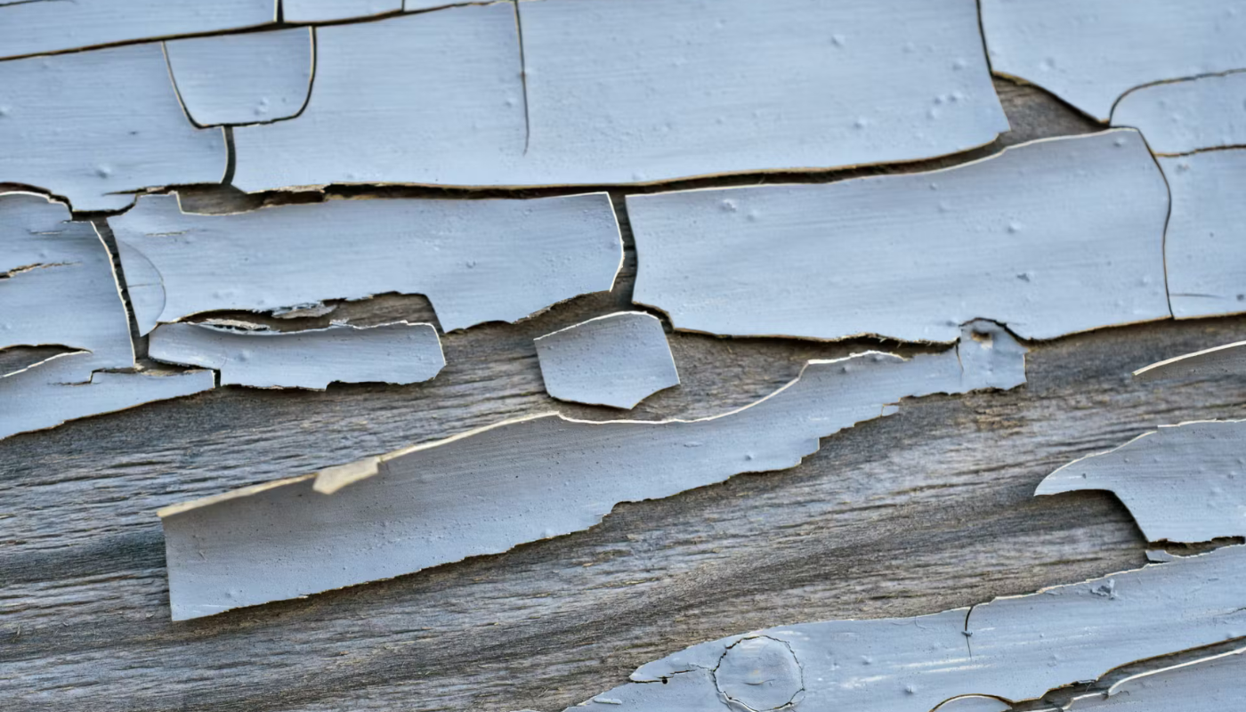 Close-up of weathered wooden surface with peeling light blue paint.