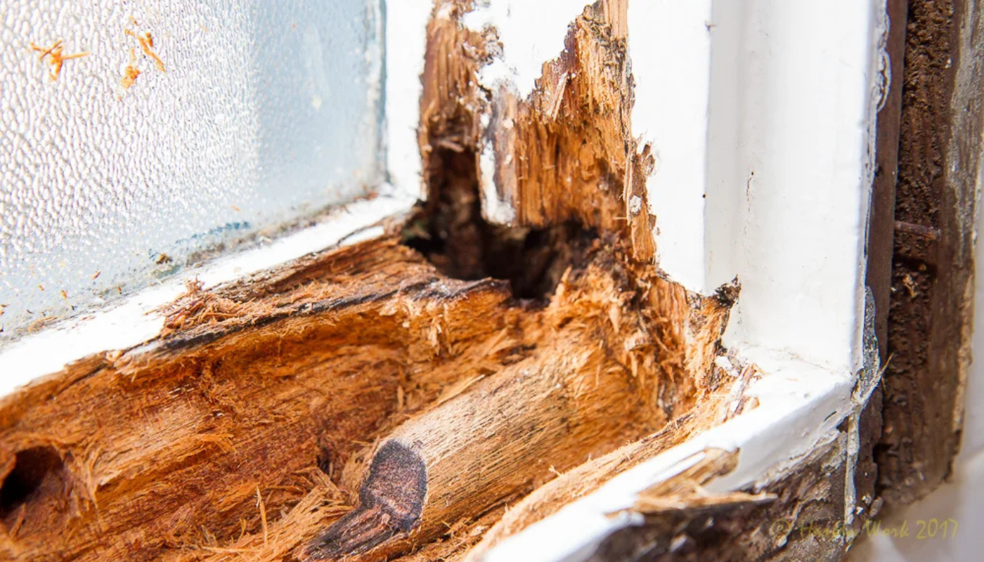 Close-up of severely damaged, rotting wooden window frame. Wood is brown and exposed with white paint.