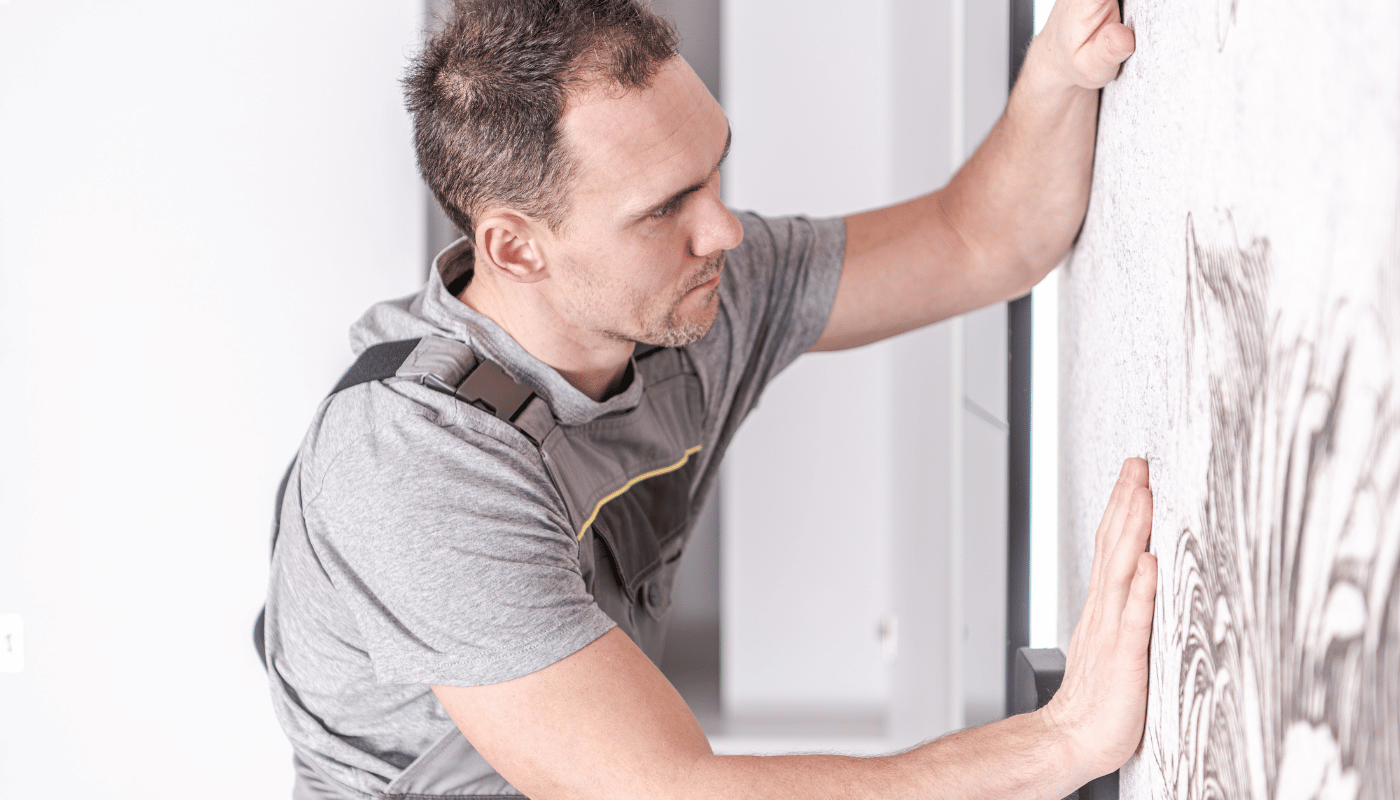 A man in a gray shirt is standing next to a wall.