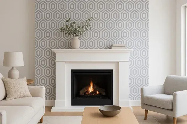 Living room with white fireplace, hexagon wallpaper, and a lit fire.