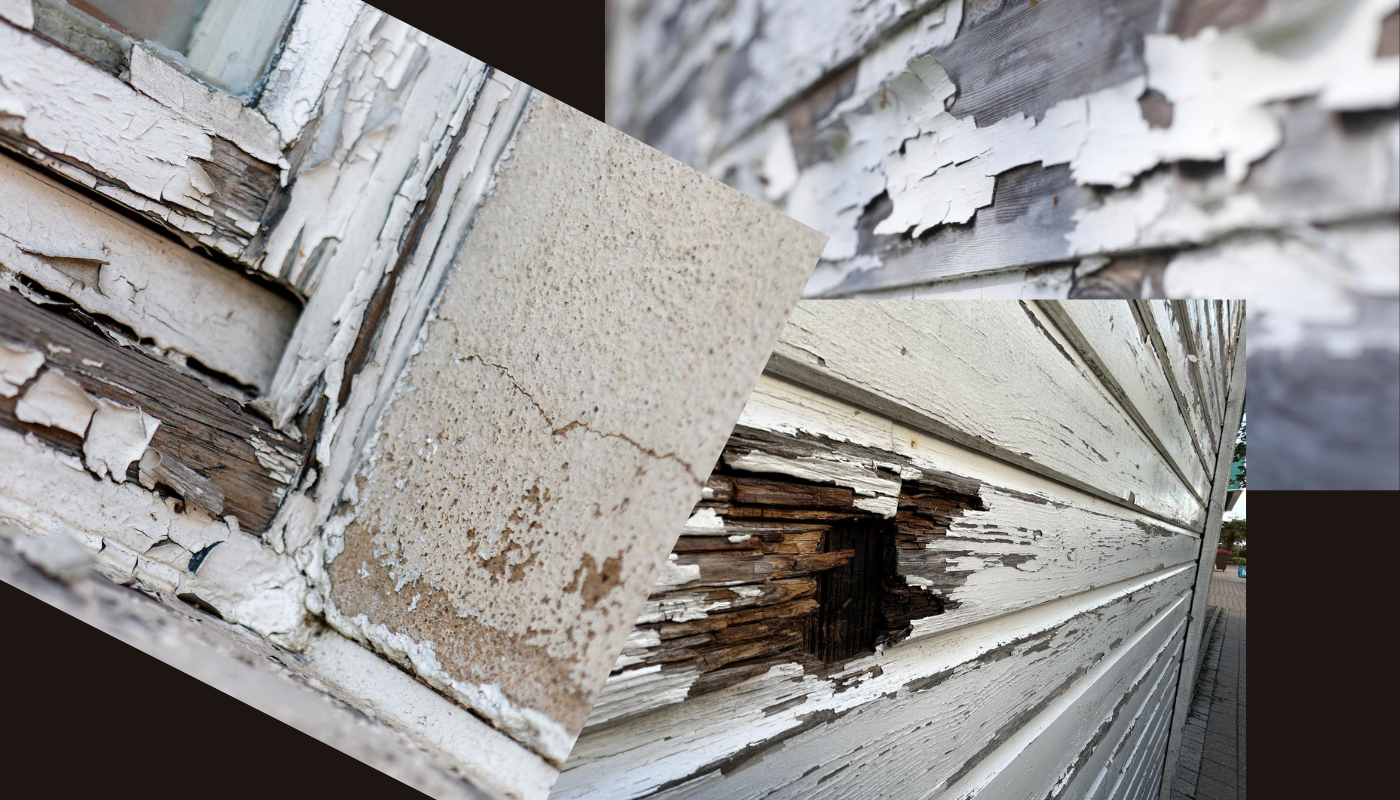 Damaged white painted wood with peeling paint and rot visible on structure.
