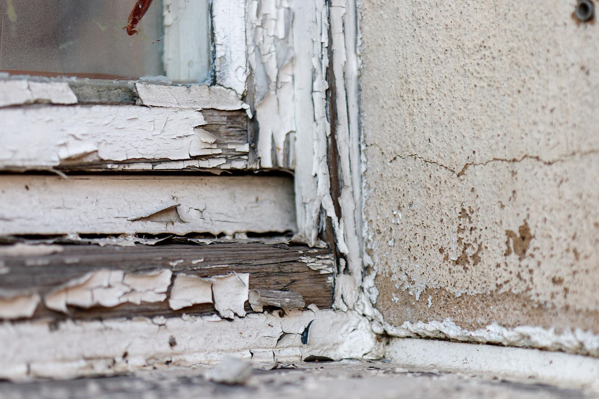 Close-up of a window frame with peeling white paint and weathered concrete wall.