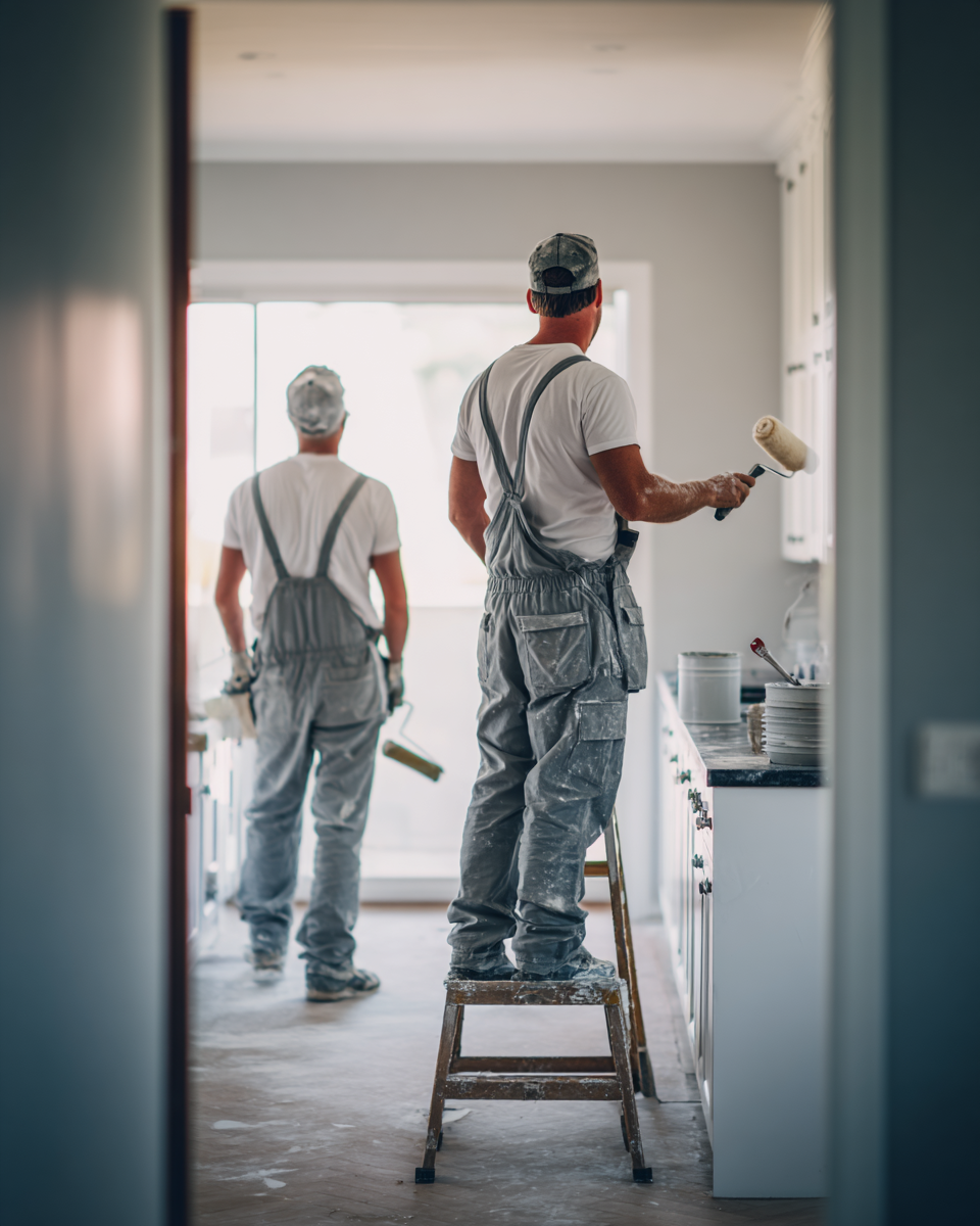 Person painting a wall blue with a roller, standing on a red step ladder near a cabinet and window.